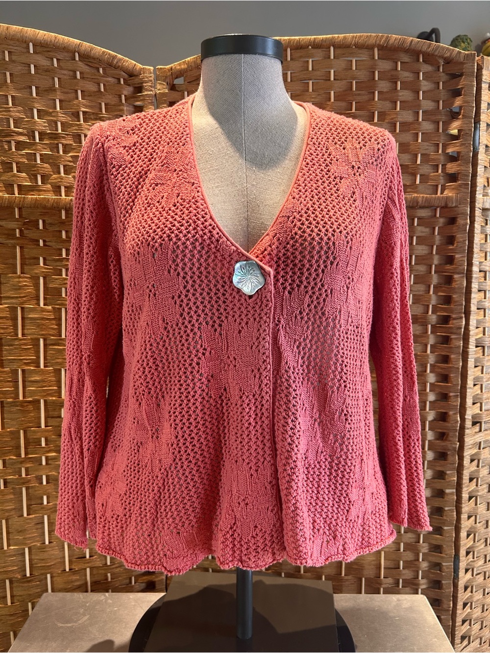Coral Cotton Open Knit Bell Sleeve Cardigan Artsy Boho Made in USA M